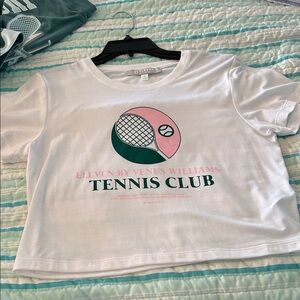 EleVen by Venus Williams White Crop Tee with Pink & Green Tennis Graphic size M.